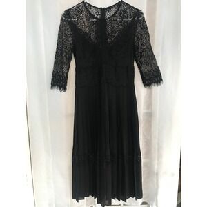 Zara Basic Black Lace Pleated Midi Dress Womens Small 3/4 Sleeve Sheer Yoke